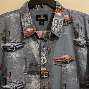 Redhead Men’s 4X Shirt Route 66 All Over Car Print Gray Short Sleeve Button